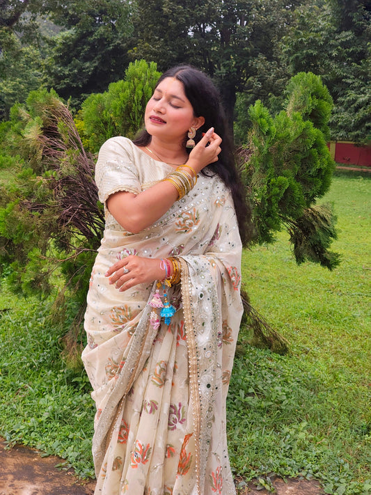 Creamy White Banarasi Khaddi Georgette Silk Saree