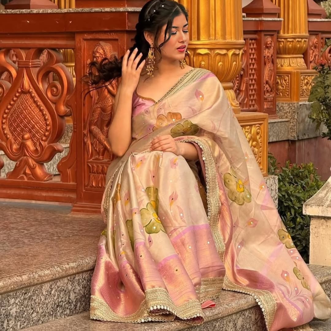 Rose Gold Beige Soft Banarasi katan tissue silk , Floral Print Saree