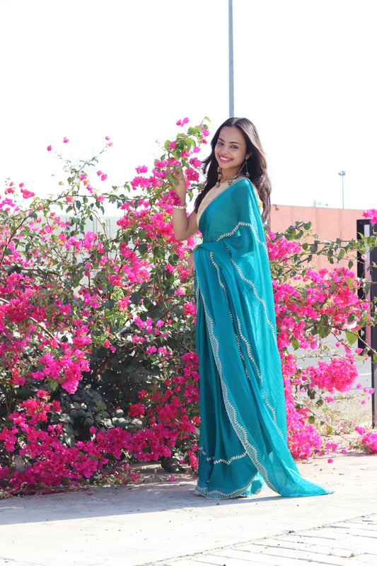 Teal Blue Fendi Drape with Signature Stone Detailing