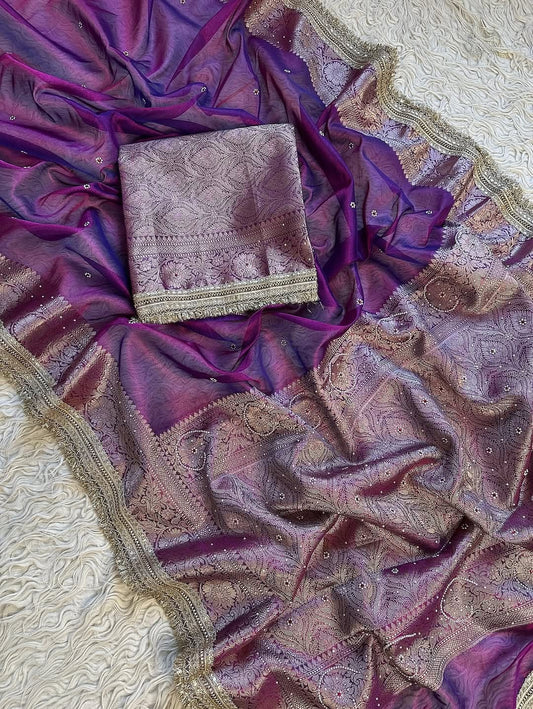 Purple Banarasi Soft Maharani Glass Tissue Silk Saree