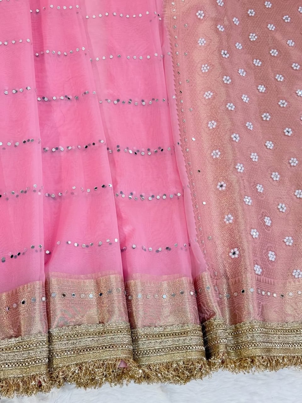 Blush Rose Gold Banarasi Kora Organza Silk Saree with Mirror Work