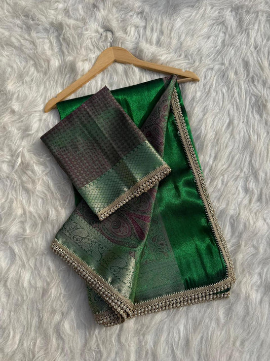 Green Banarasi Soft Tissue Pashmina Silk Saree