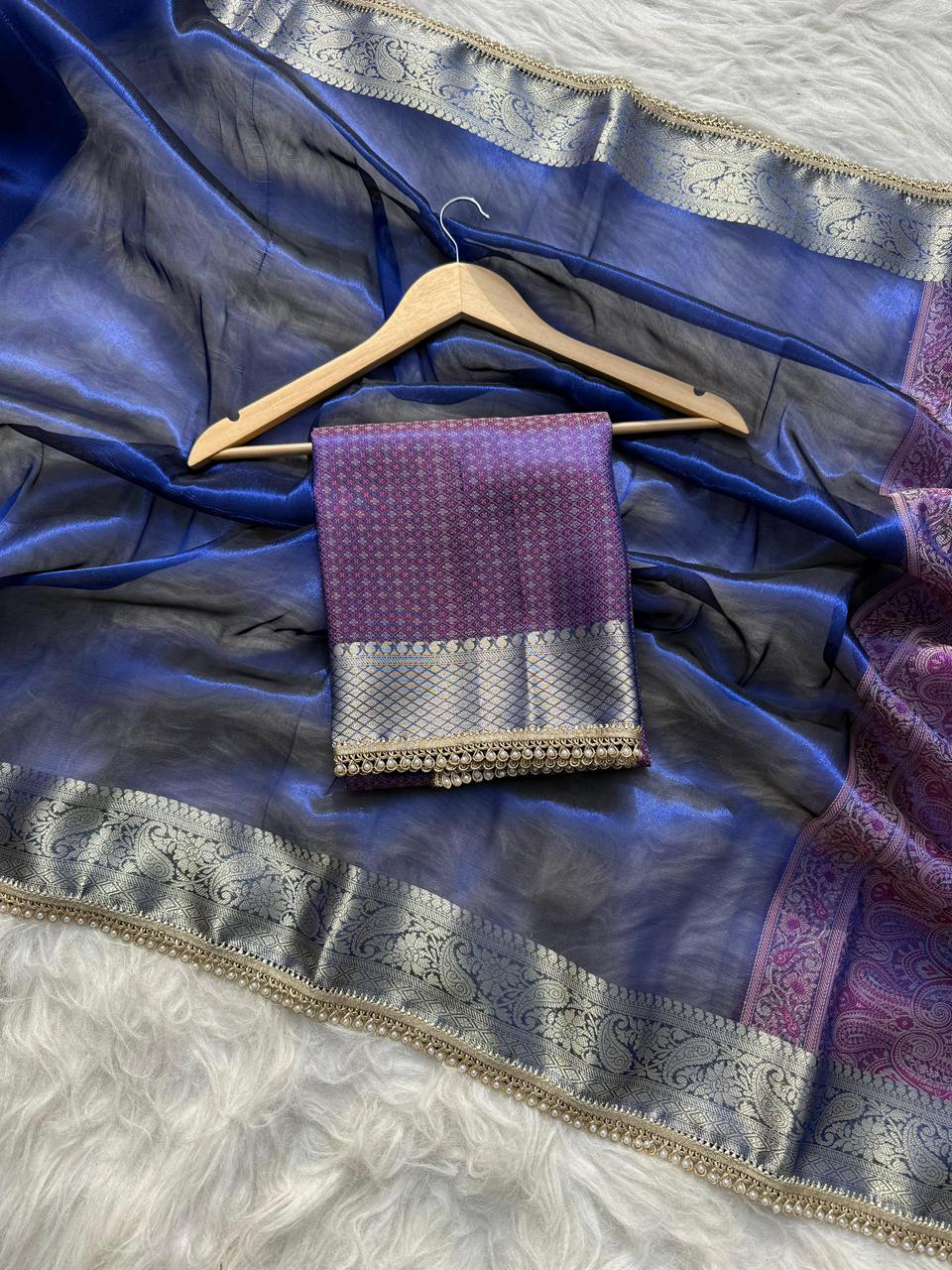 Blue Banarasi Soft Tissue Pashmina Silk Saree