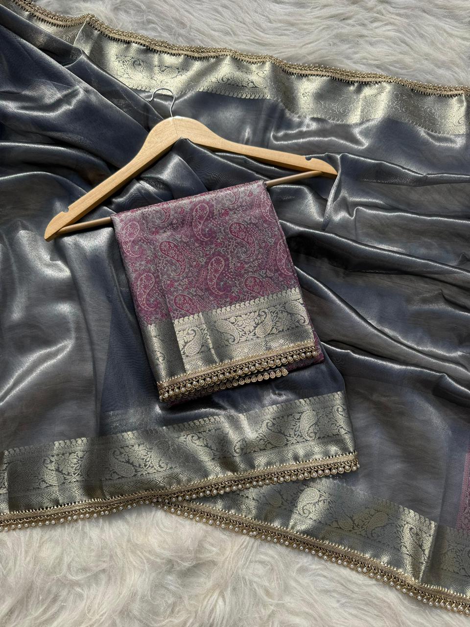 Steel Grey Banarasi Soft Tissue Pashmina Silk Saree