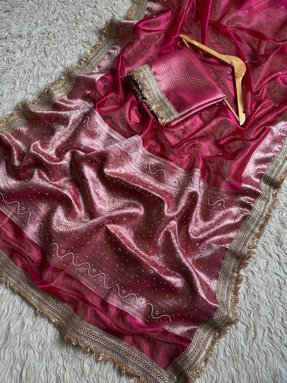 Rani Pink Banarasi Soft Maharani Glass Tissue Silk Saree