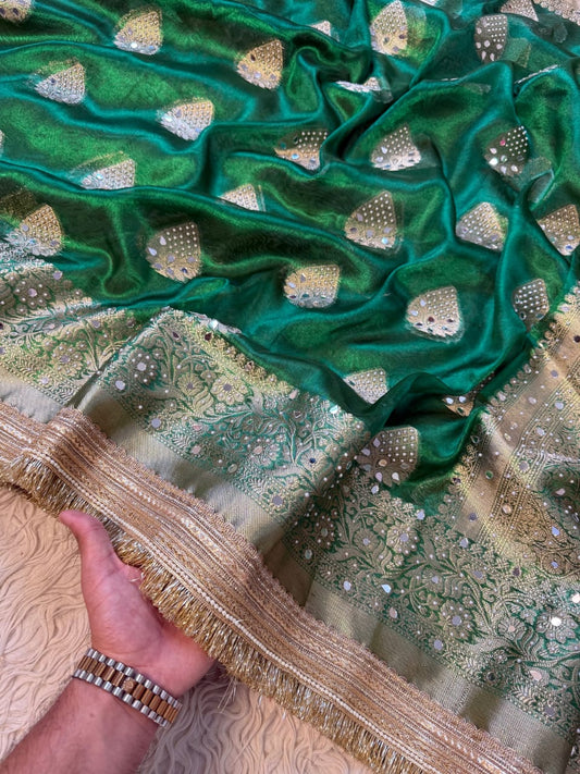 Green Banarasi Soft Maharani Glass Tissue Silk Saree