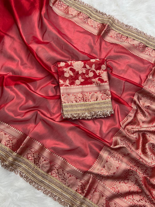 Red Banarasi Soft Tissue Silk Saree