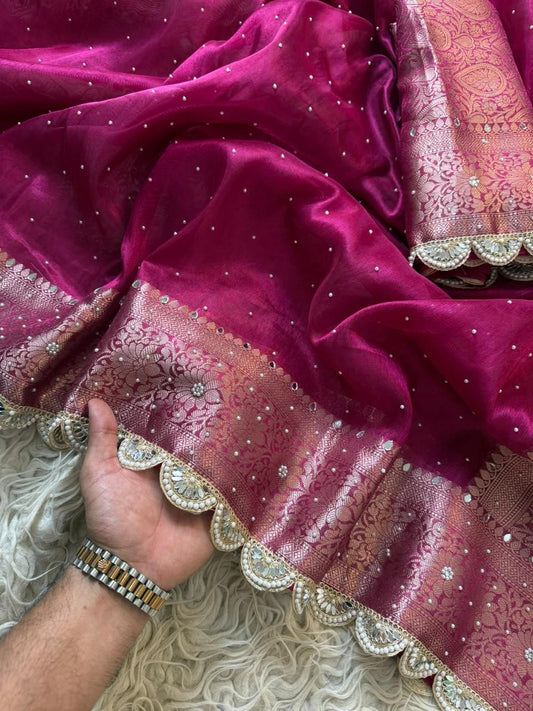 Rani Pink Banarasi soft tissue silk Saree