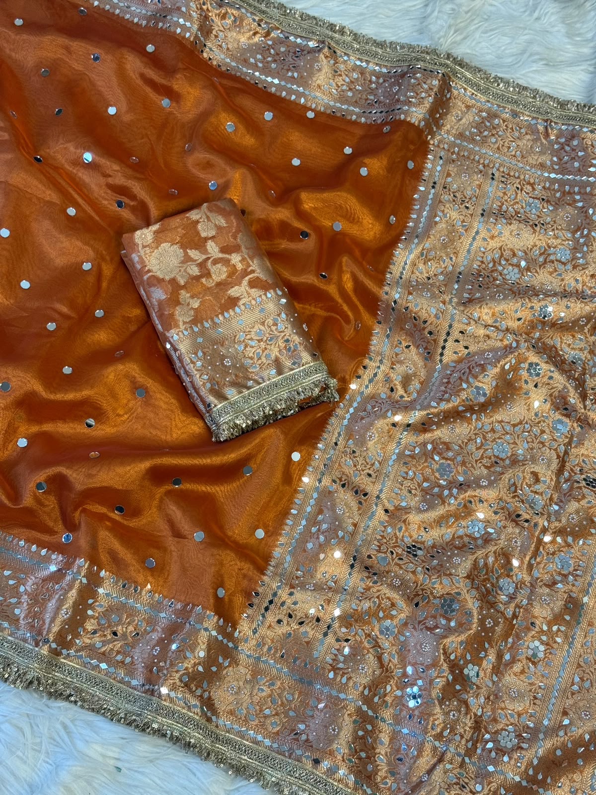 Rust Orange Banarasi Soft Tissue Silk Saree