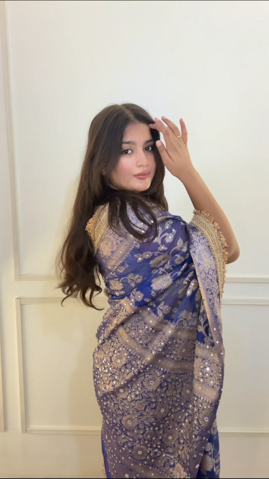 Royal Blue Banarasi Soft Jaal Tissue Silk Saree