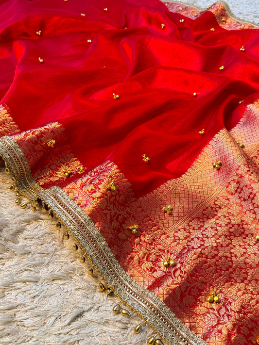 Red Viral Ghungroo Saree – Banarasi Soft Tissue Silk | Thesareeghar