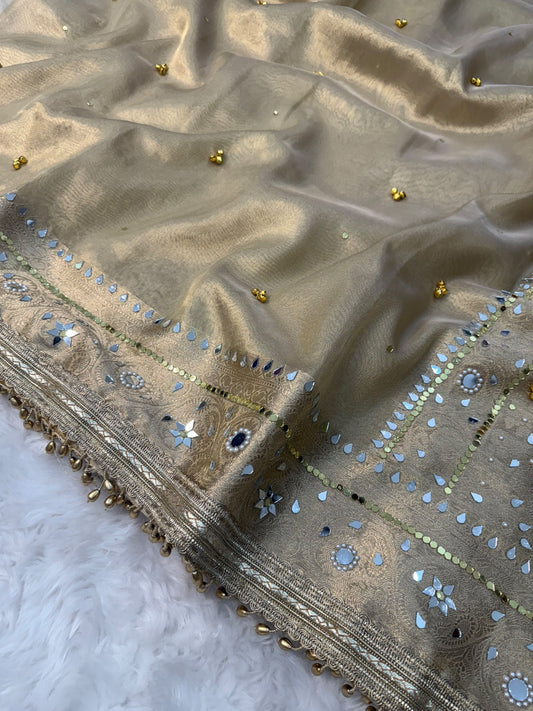 Ivory Viral Ghungroo Saree – Banarasi Soft Tissue Silk | Thesareeghar