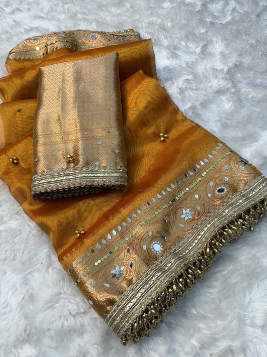 Dusty Orange Viral Ghungroo Saree – Banarasi Soft Tissue Silk | Thesareeghar