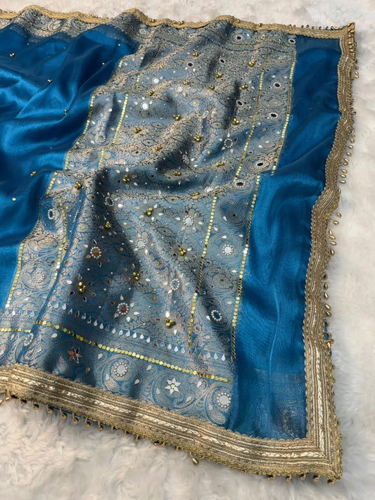 Teal Blue Viral Ghungroo Saree – Banarasi Soft Tissue Silk | Thesareeghar