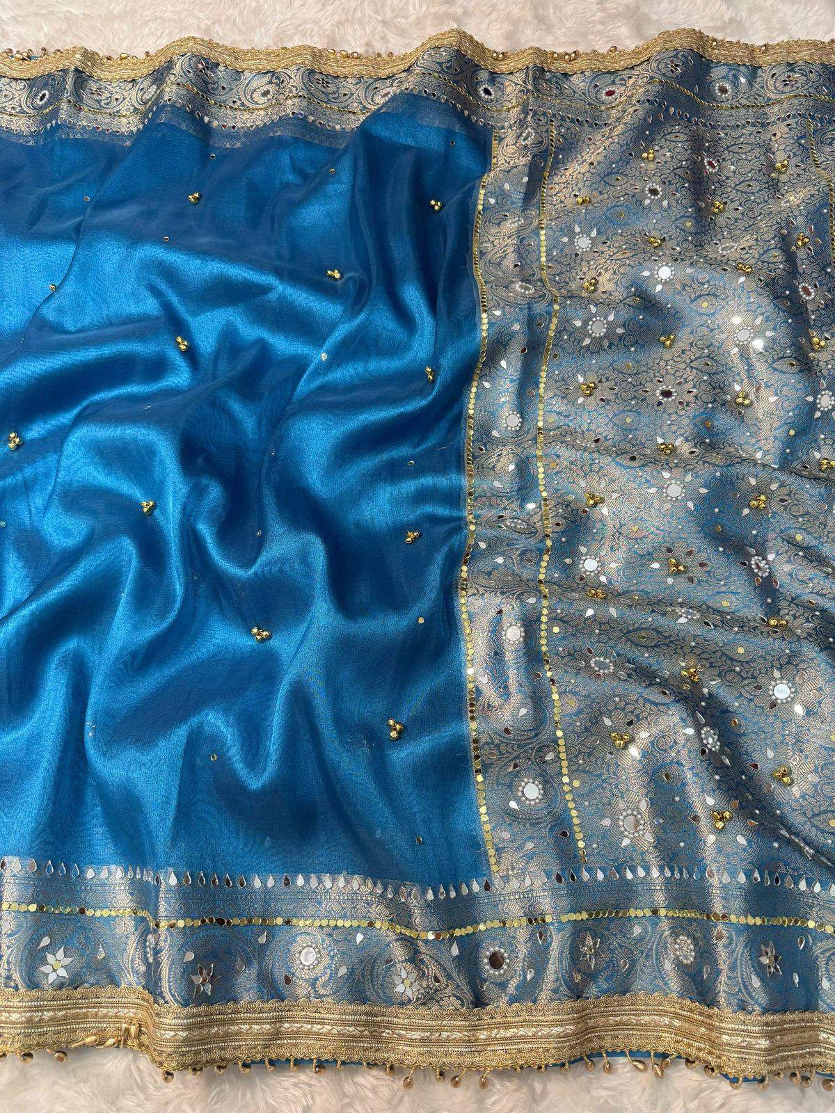 Teal Blue Viral Ghungroo Saree – Banarasi Soft Tissue Silk | Thesareeghar