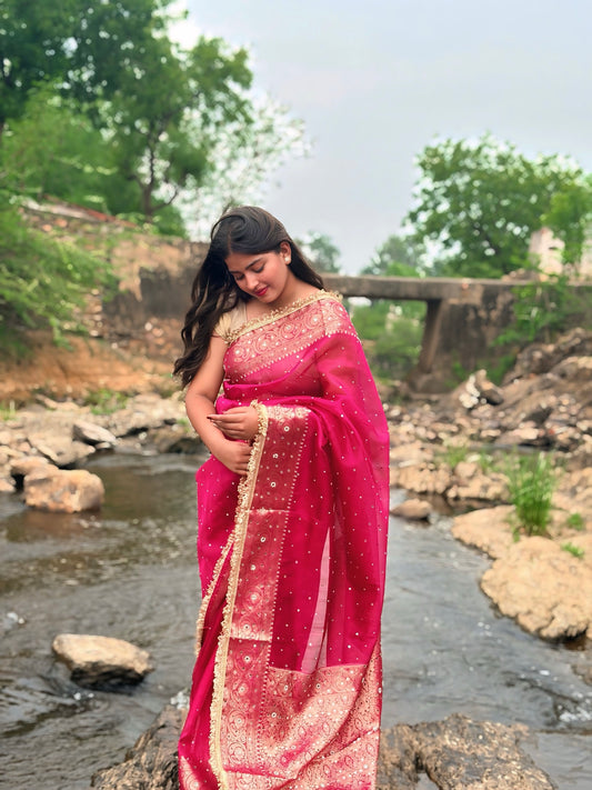 Rani Pink Banarasi Soft Tissue Silk Saree