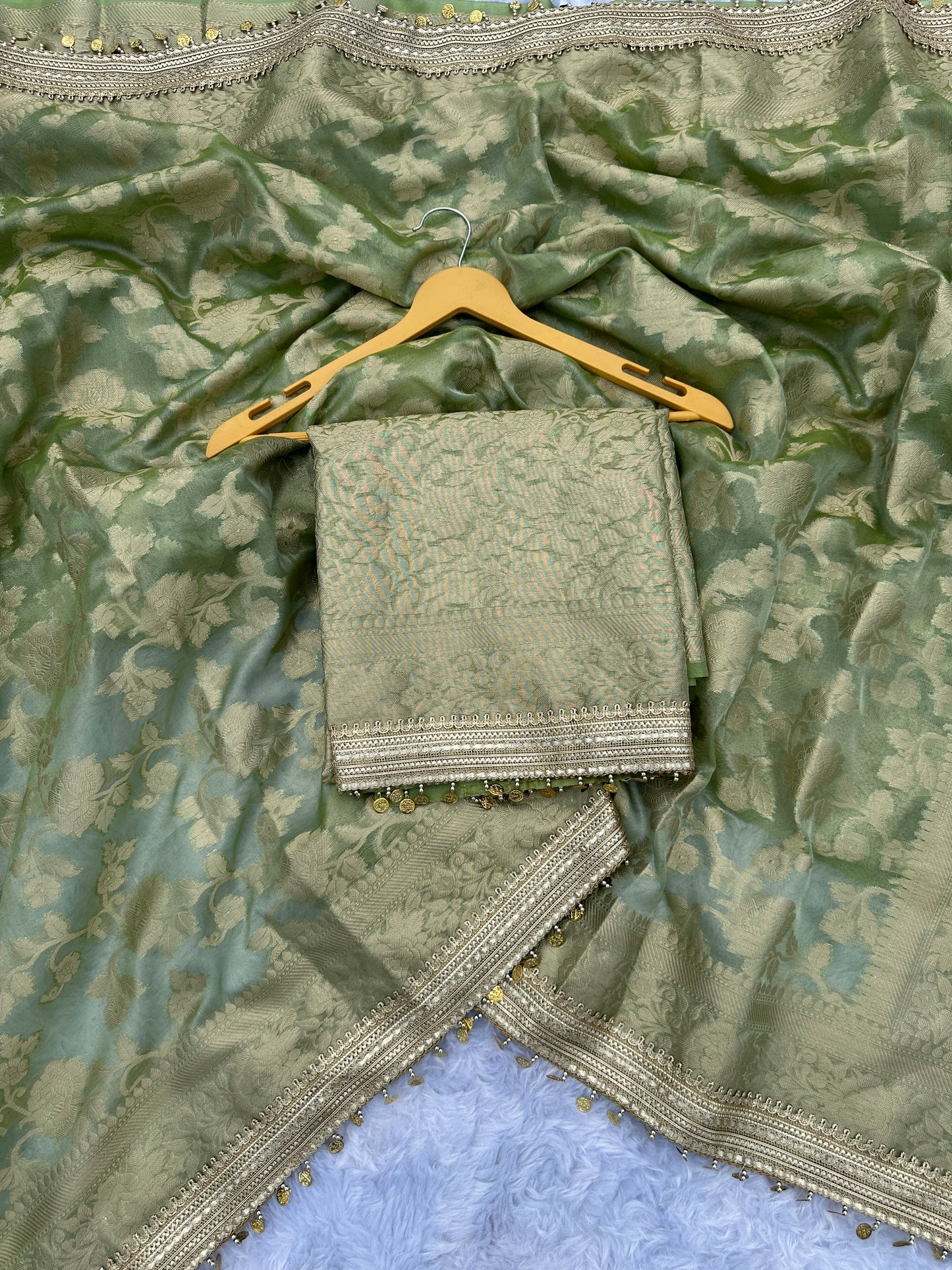 Pista Green Banarasi Soft Jaal Tissue Silk Saree