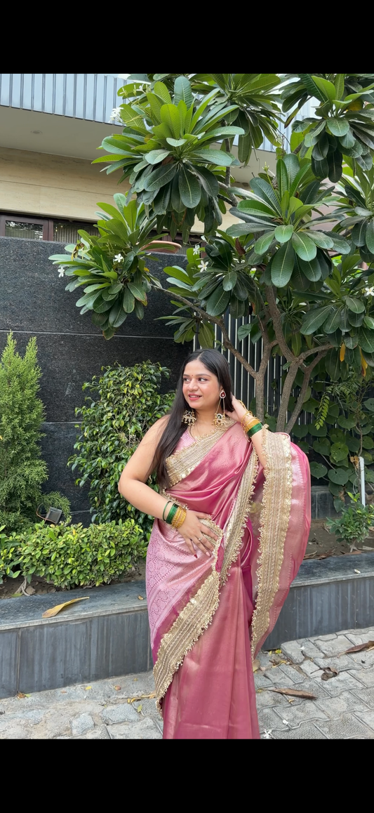 Pink Banarasi Soft Tissue Silk Saree