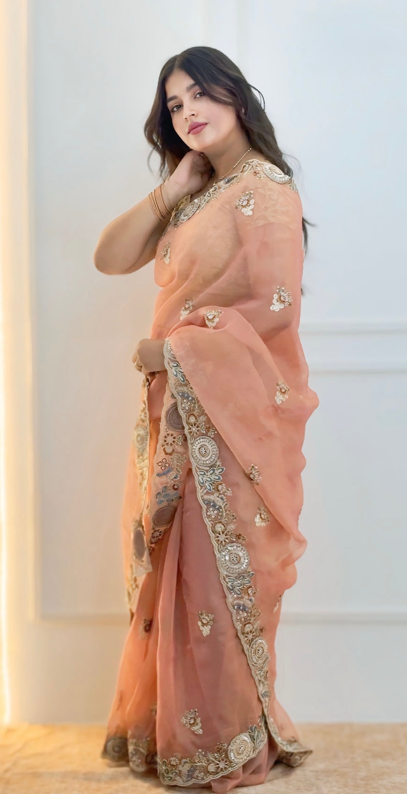 Soft Peach Pink Soft Organza Saree