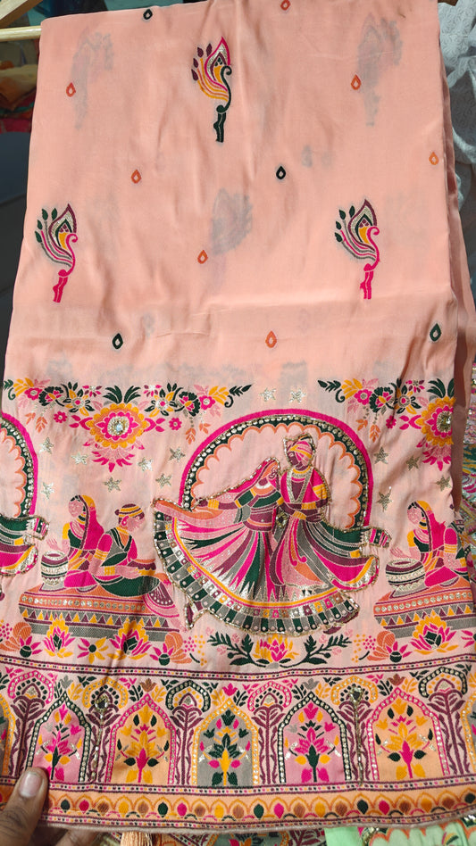 Peach Rajsi Ghoomar Pashmina Silk Saree