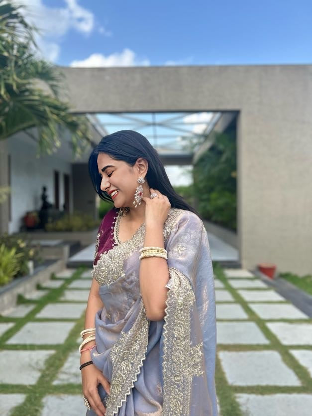 Ethereal Lavender Satin Fendi Saree with Intricate Embroidery