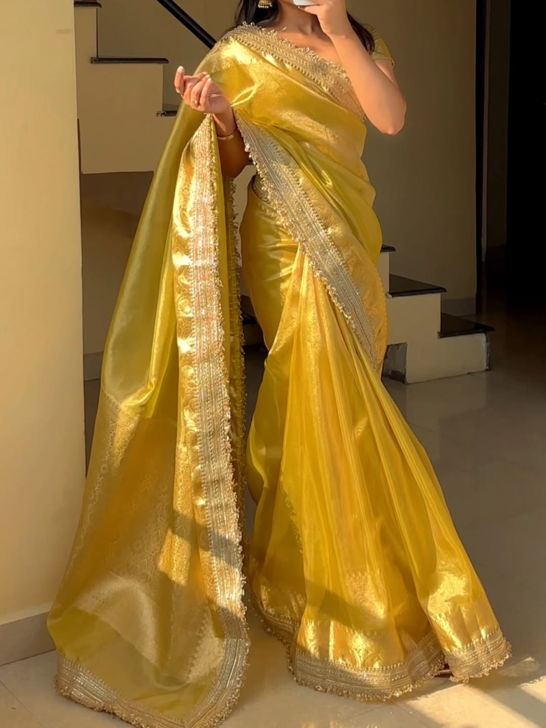 Yellow Banarasi Soft Glass Tissue Silk Saree
