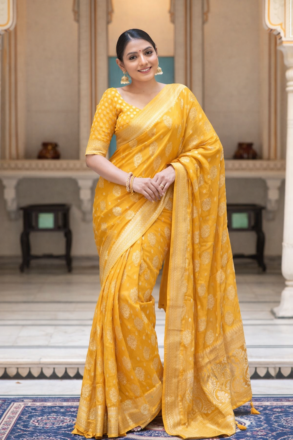 Yellow Banarasi Soft Georgette Silk Saree