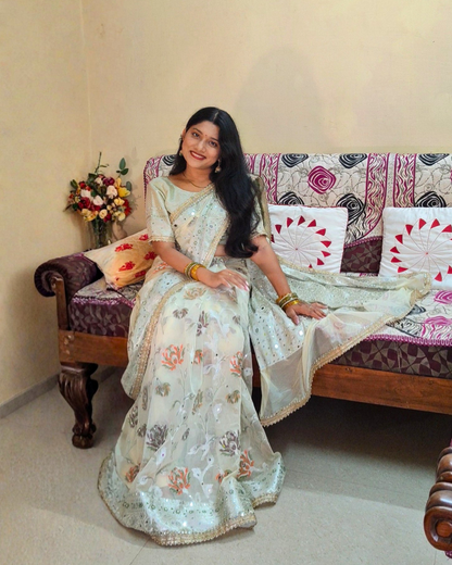 Creamy White Banarasi Khaddi Georgette Silk Saree