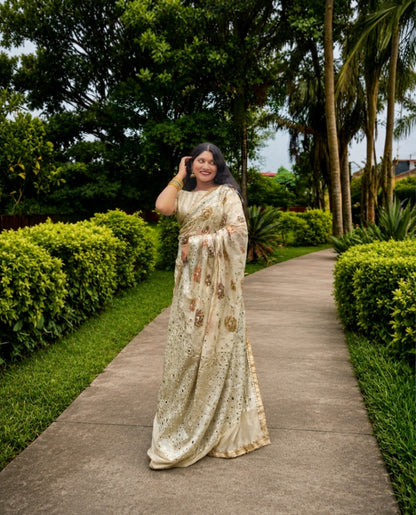 Creamy White Banarasi Khaddi Georgette Silk Saree