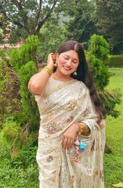 Creamy White Banarasi Khaddi Georgette Silk Saree