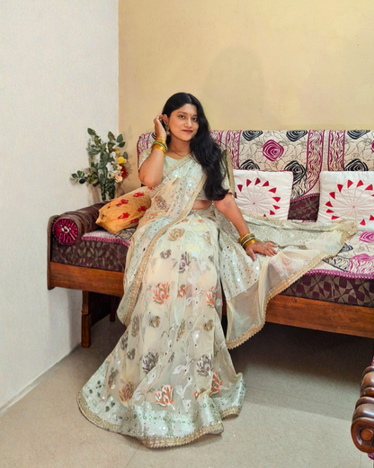 Creamy White Banarasi Khaddi Georgette Silk Saree