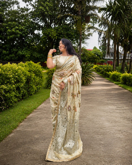 Creamy White Banarasi Khaddi Georgette Silk Saree