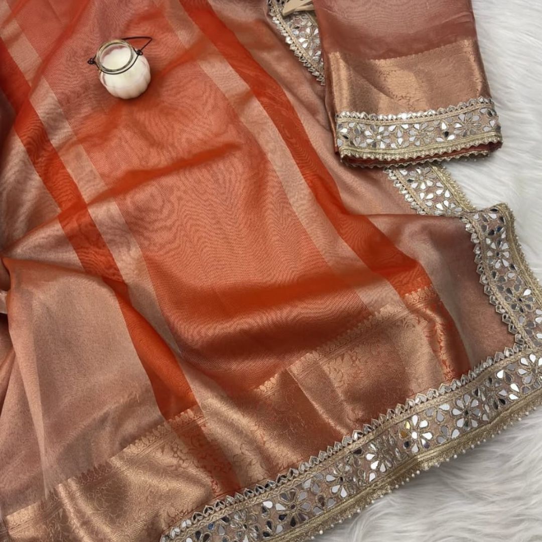 Rust Orange Banarasi Soft Glass Tissue Silk Saree