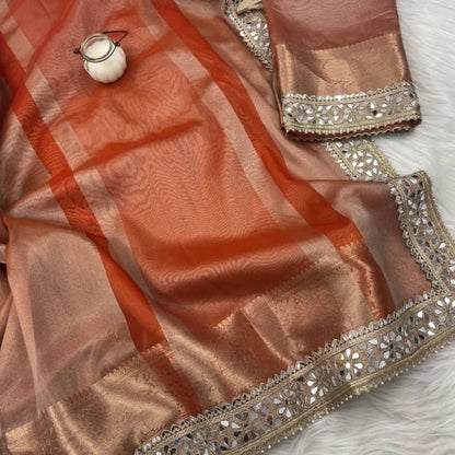 Rust Orange Banarasi Soft Glass Tissue Silk Saree