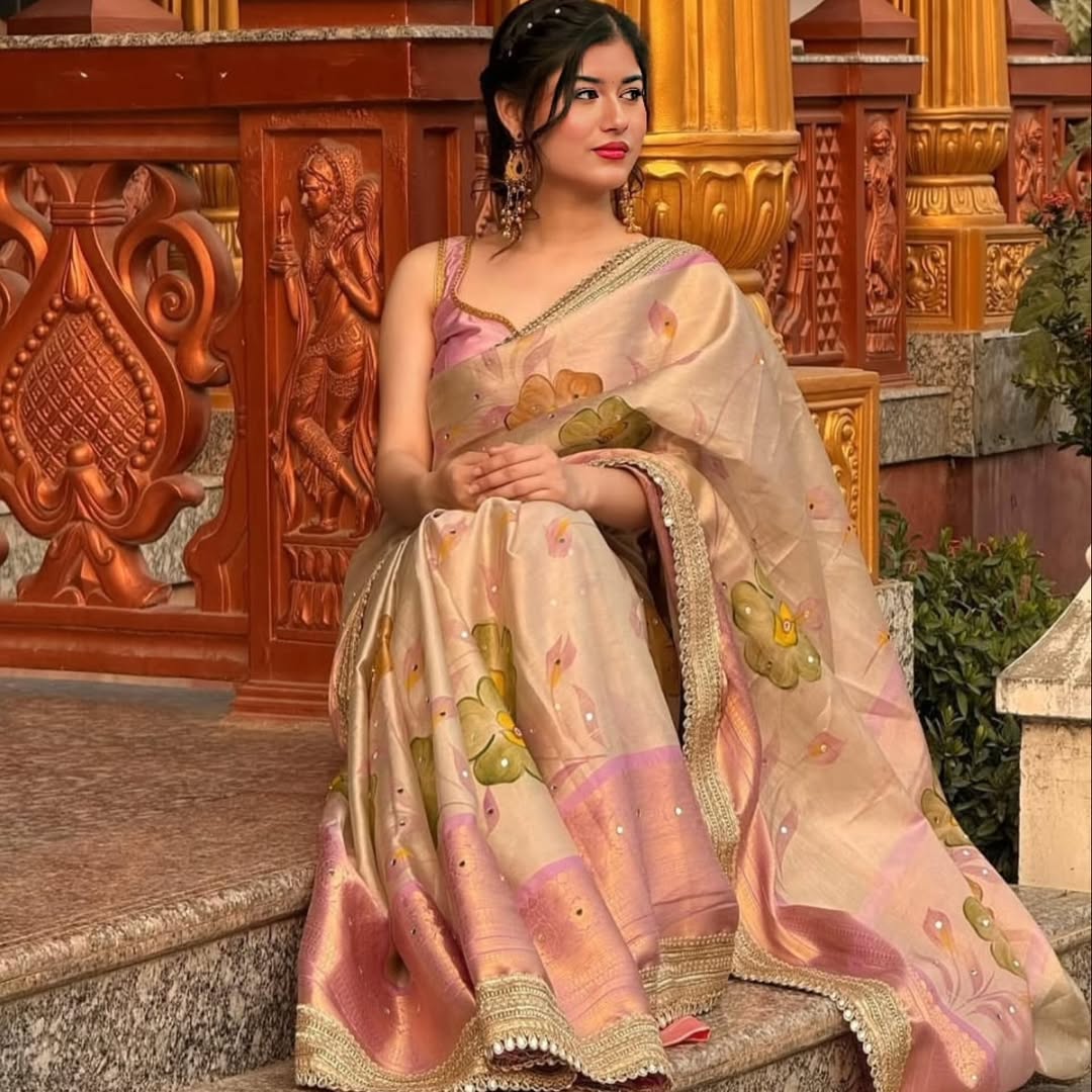 Rose Gold Beige Soft Banarasi katan tissue silk , Floral Print Saree