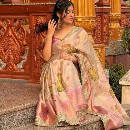 Rose Gold Beige Soft Banarasi katan tissue silk , Floral Print Saree