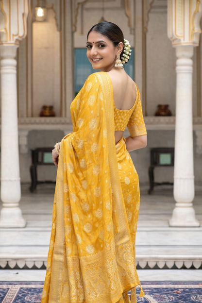 Yellow Banarasi Soft Georgette Silk Saree