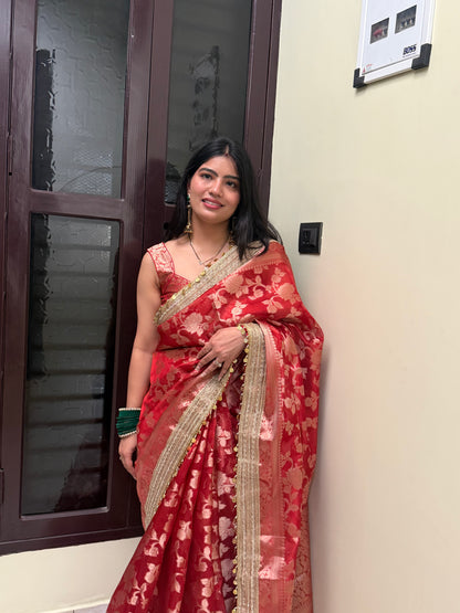 Red Banarasi Soft Jaal Tissue Silk Saree