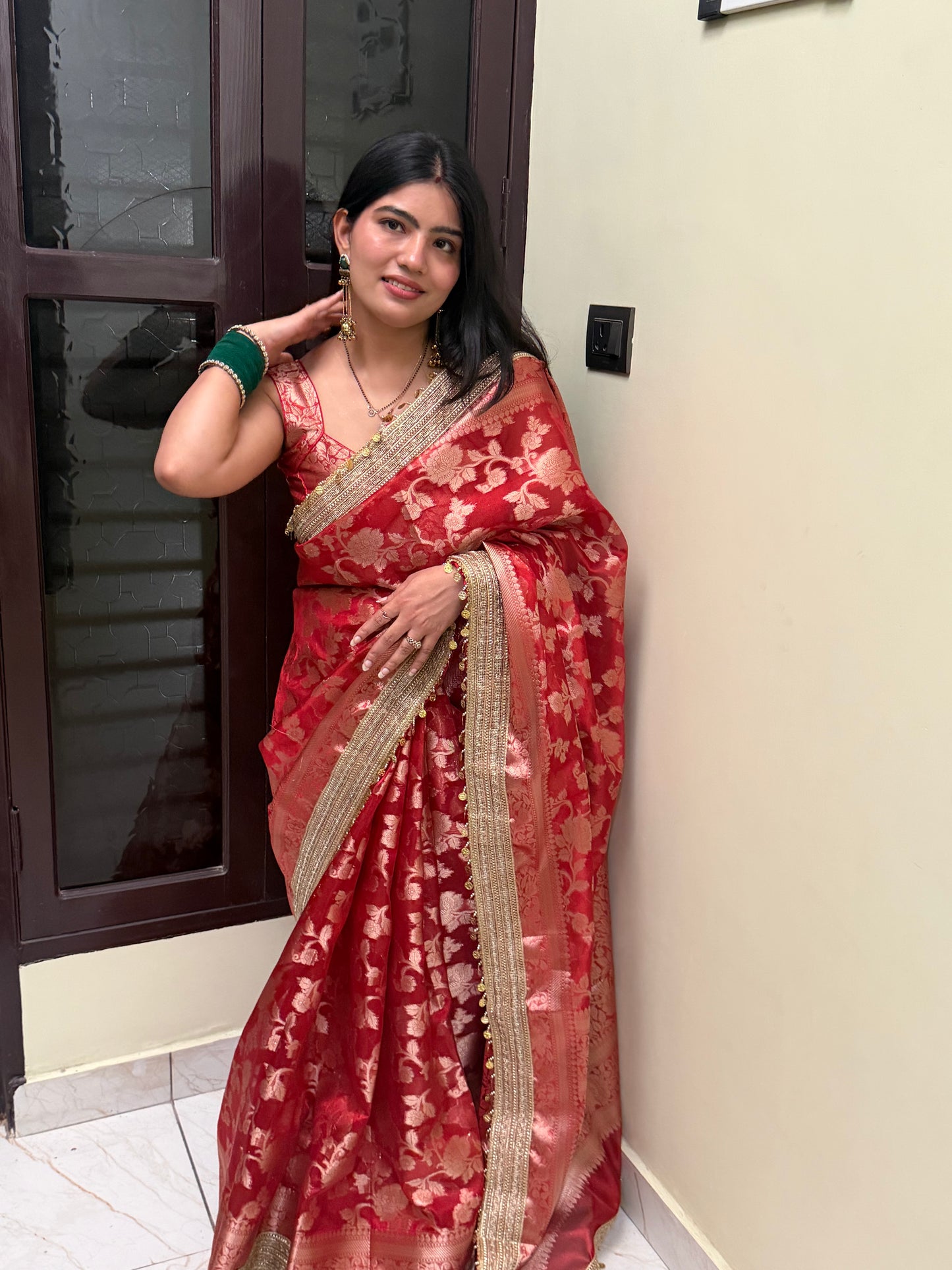 Red Banarasi Soft Jaal Tissue Silk Saree