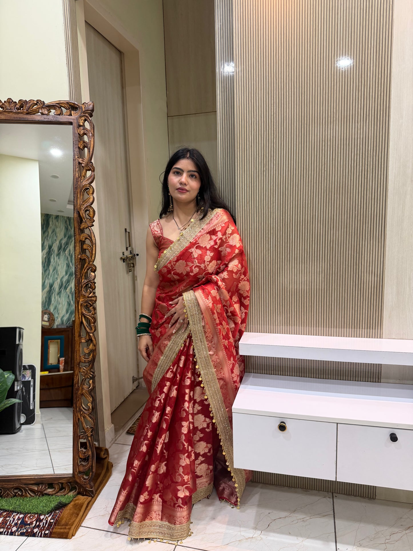Red Banarasi Soft Jaal Tissue Silk Saree