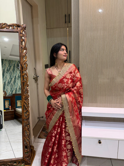 Red Banarasi Soft Jaal Tissue Silk Saree