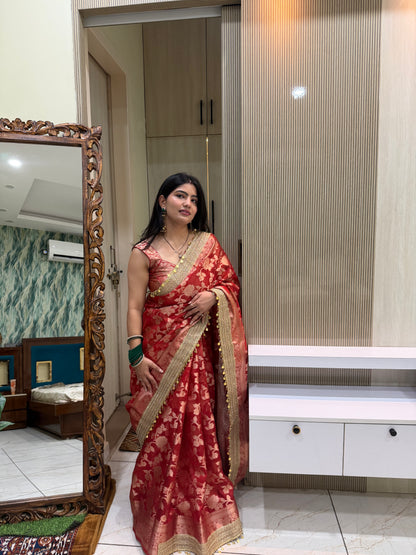 Red Banarasi Soft Jaal Tissue Silk Saree