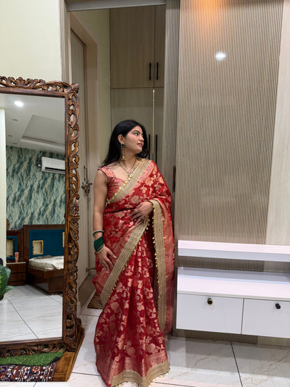 Red Banarasi Soft Jaal Tissue Silk Saree