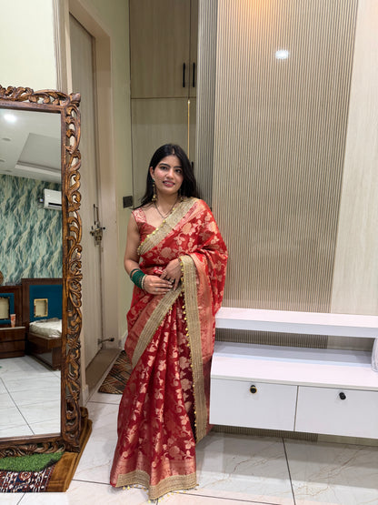 Red Banarasi Soft Jaal Tissue Silk Saree
