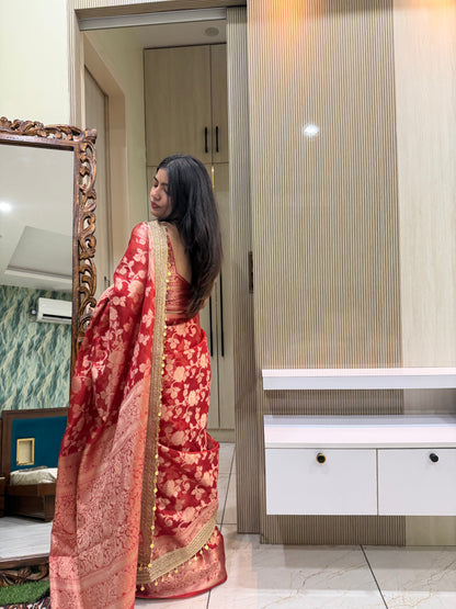 Red Banarasi Soft Jaal Tissue Silk Saree