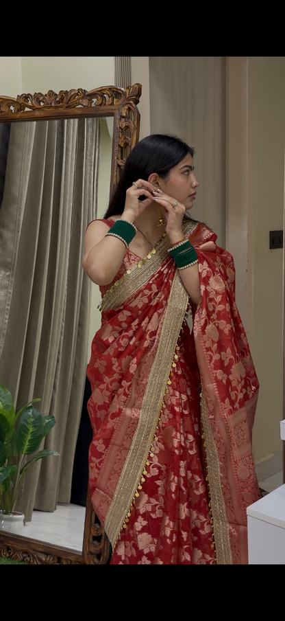 Red Banarasi Soft Jaal Tissue Silk Saree
