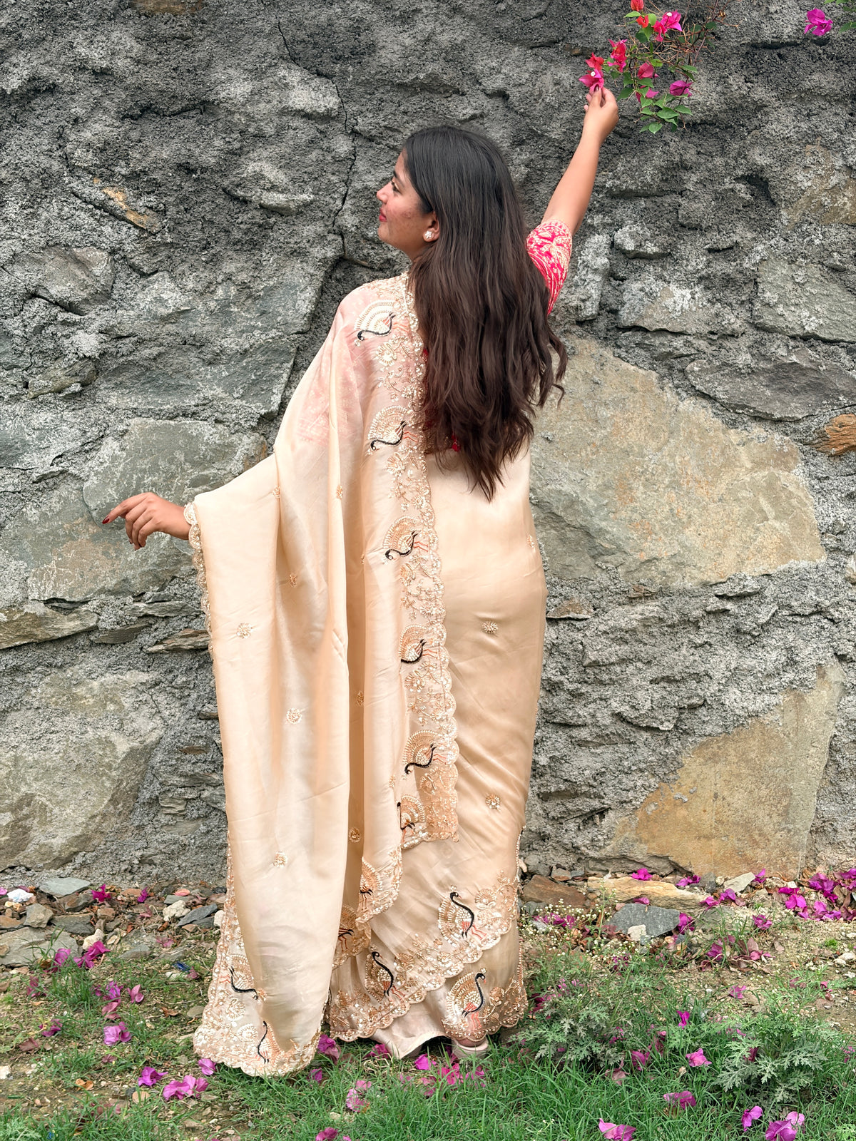 Ivory Peaches Work Soft Organza Saree