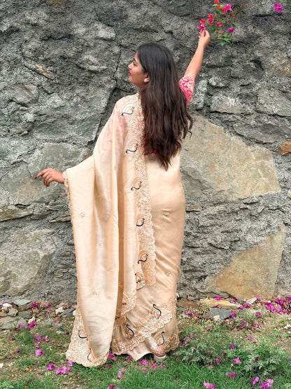 Ivory Peaches Work Soft Organza Saree
