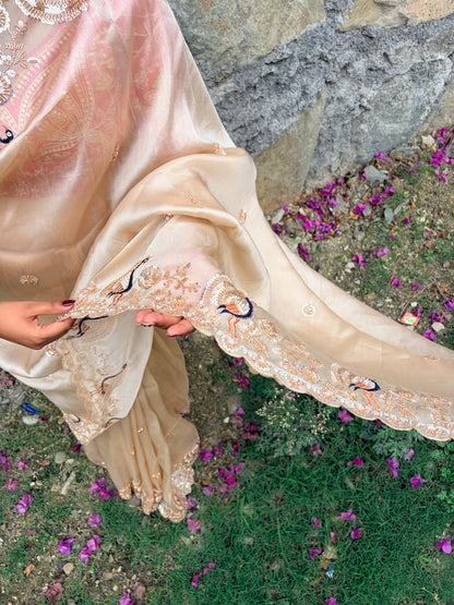 Ivory Peaches Work Soft Organza Saree