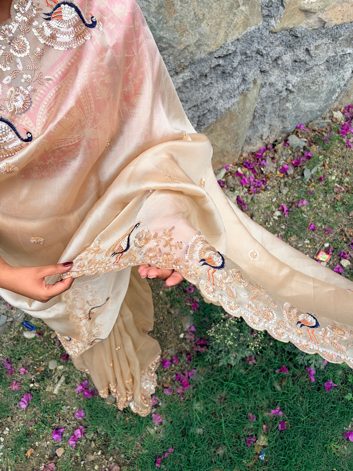 Ivory Peaches Work Soft Organza Saree
